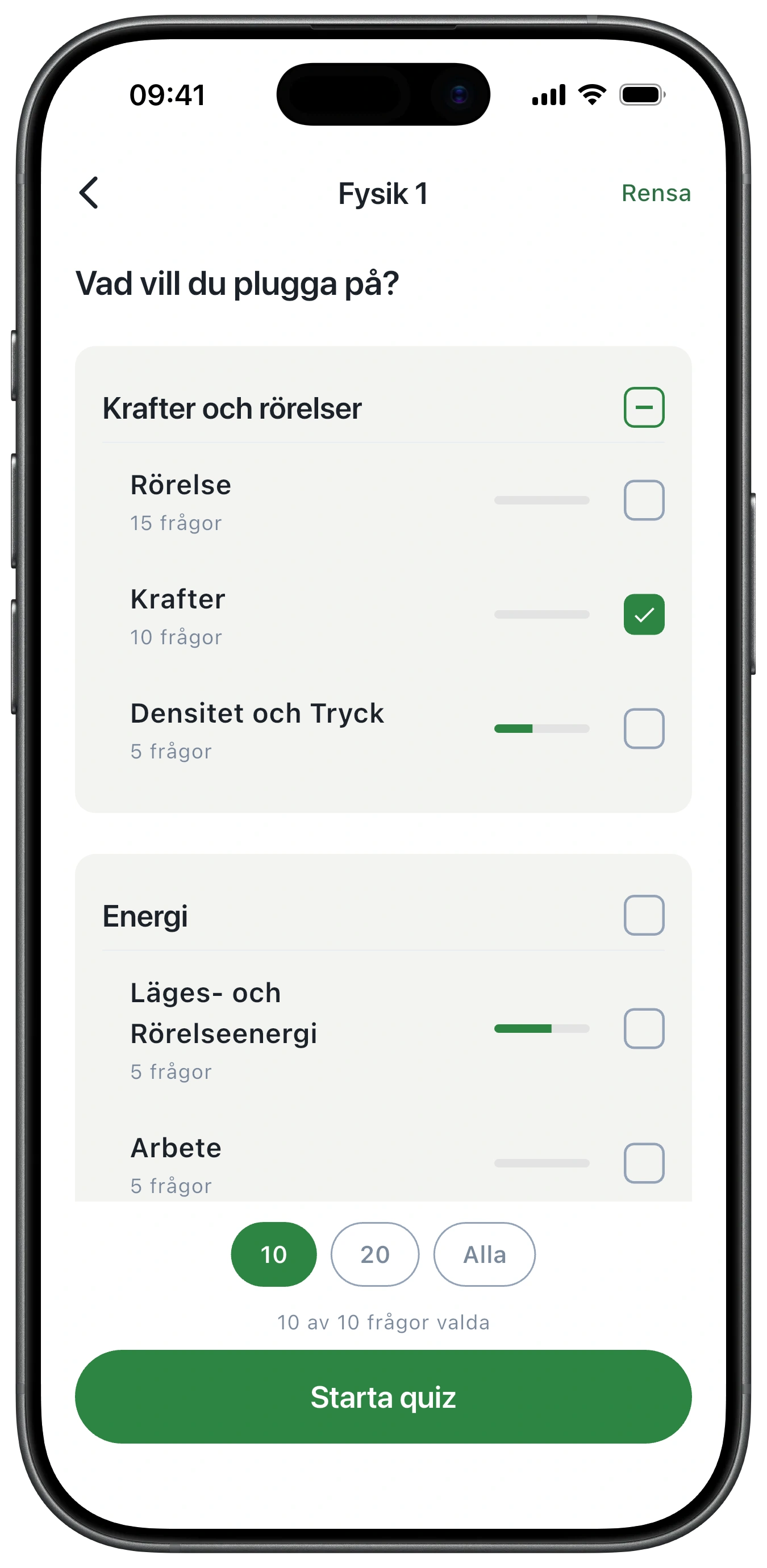 Områdeslistan i Fysik 1, där Laddningar och Elektriska fält är ikryssade