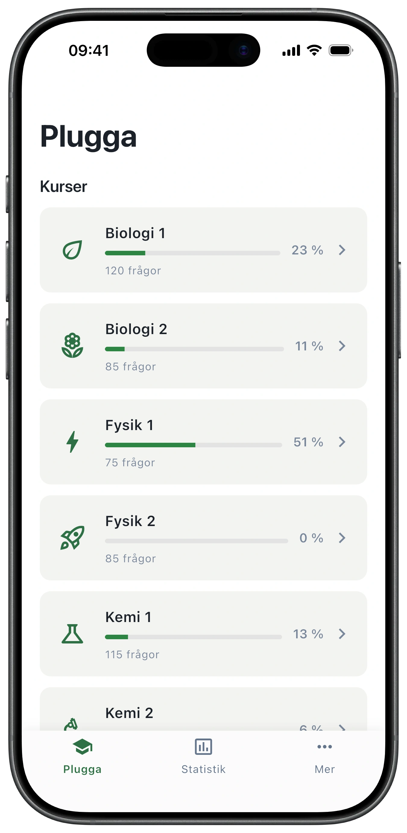 Kurslistan med Biologi, Fysik och Kemi 1–2