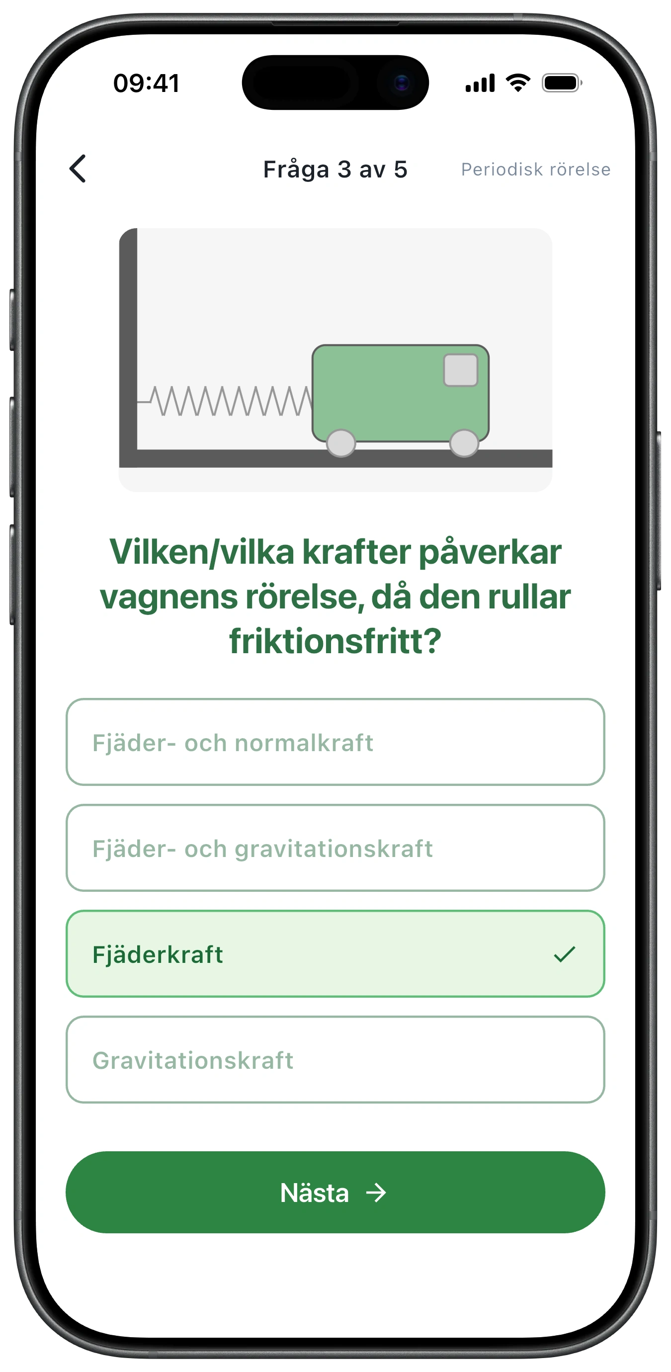 En fysikfråga där rätt svar är grönmarkerat
