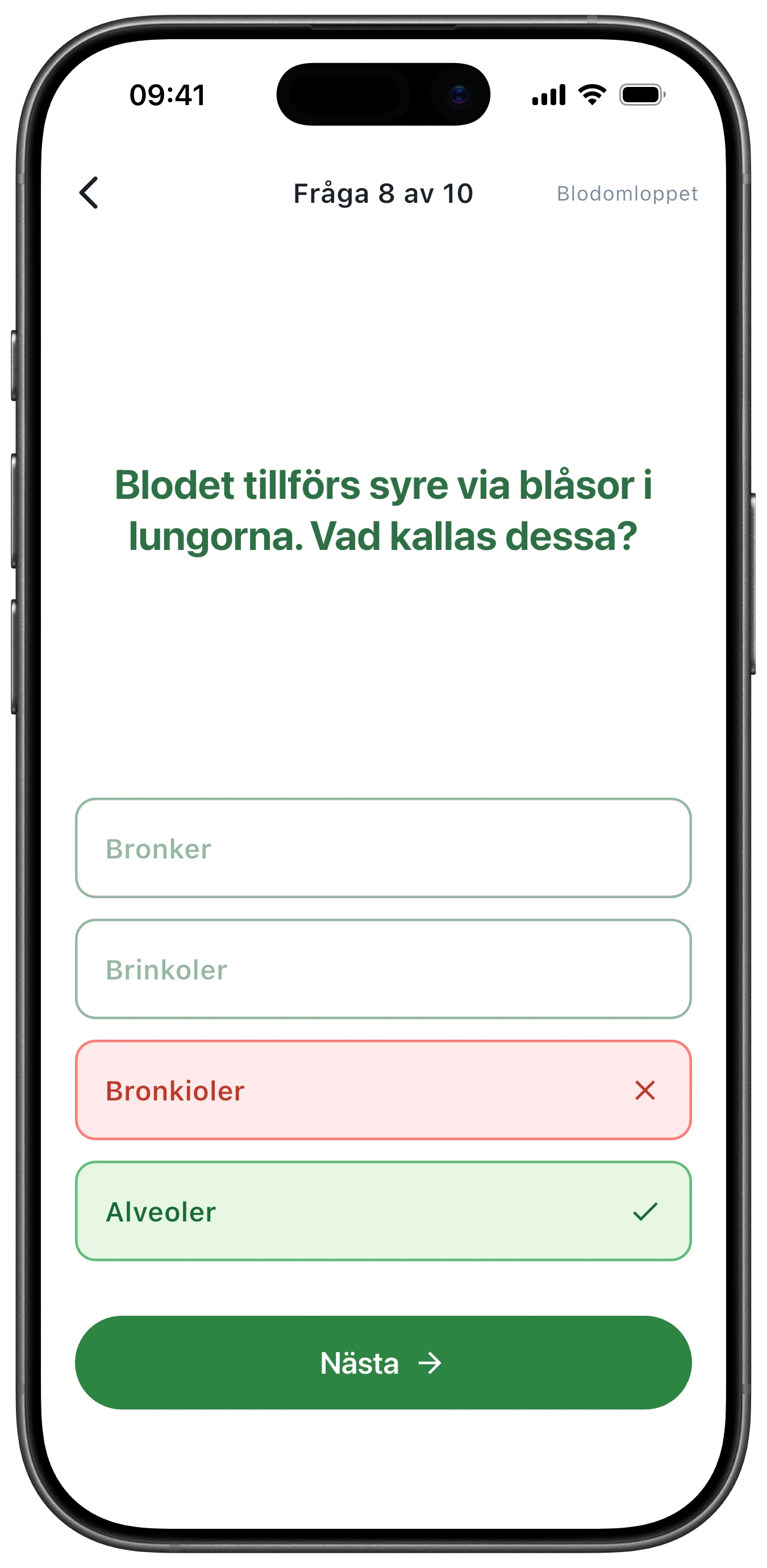 En biologifråga där rätt svar är grönt och det felaktiga rött